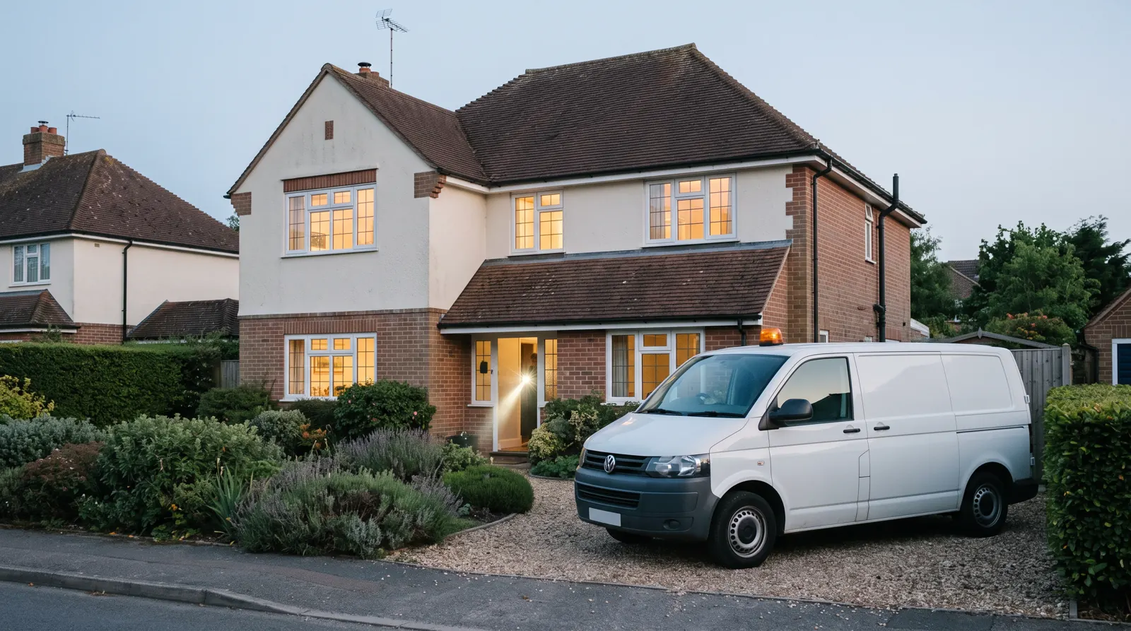 Electrician's van with amber beacon outside a house at dusk